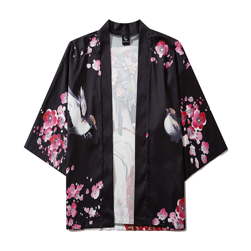 Japanese Sakura Black Red Anime Girl Long Kimono Cardigan Robes | ventumra