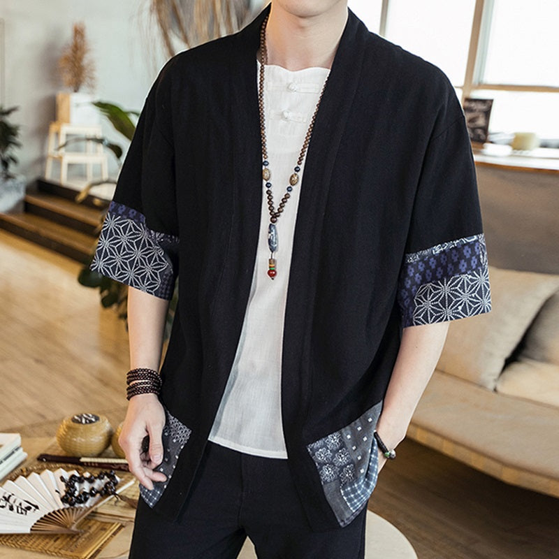 Chaqueta kimono haori yukata negra y blanca para hombre, con estampado azul marino de inspiración japonesa | ventumra