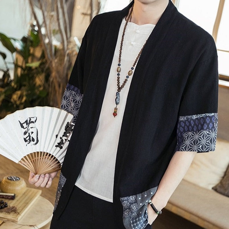 Chaqueta kimono haori yukata negra y blanca para hombre, con estampado azul marino de inspiración japonesa | ventumra