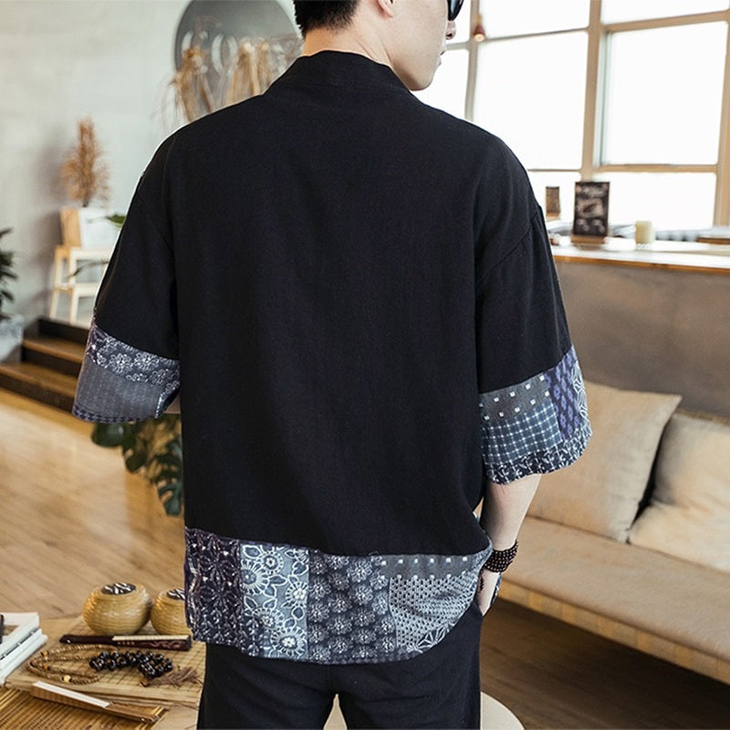 Chaqueta kimono haori yukata negra y blanca para hombre, con estampado azul marino de inspiración japonesa | ventumra