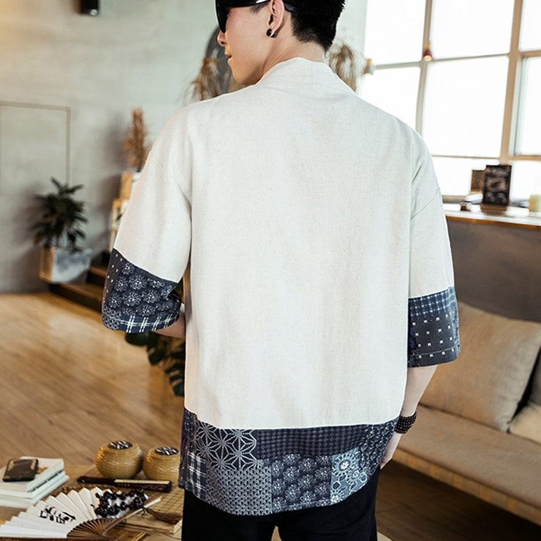 Chaqueta kimono haori yukata negra y blanca para hombre, con estampado azul marino de inspiración japonesa | ventumra