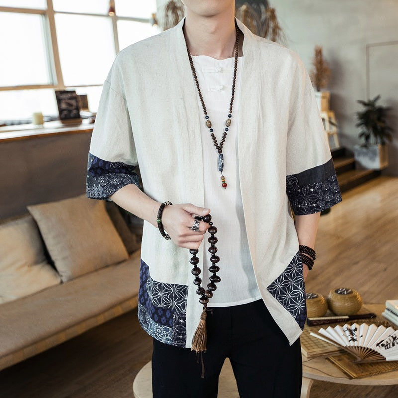 Chaqueta kimono haori yukata negra y blanca para hombre, con estampado azul marino de inspiración japonesa | ventumra