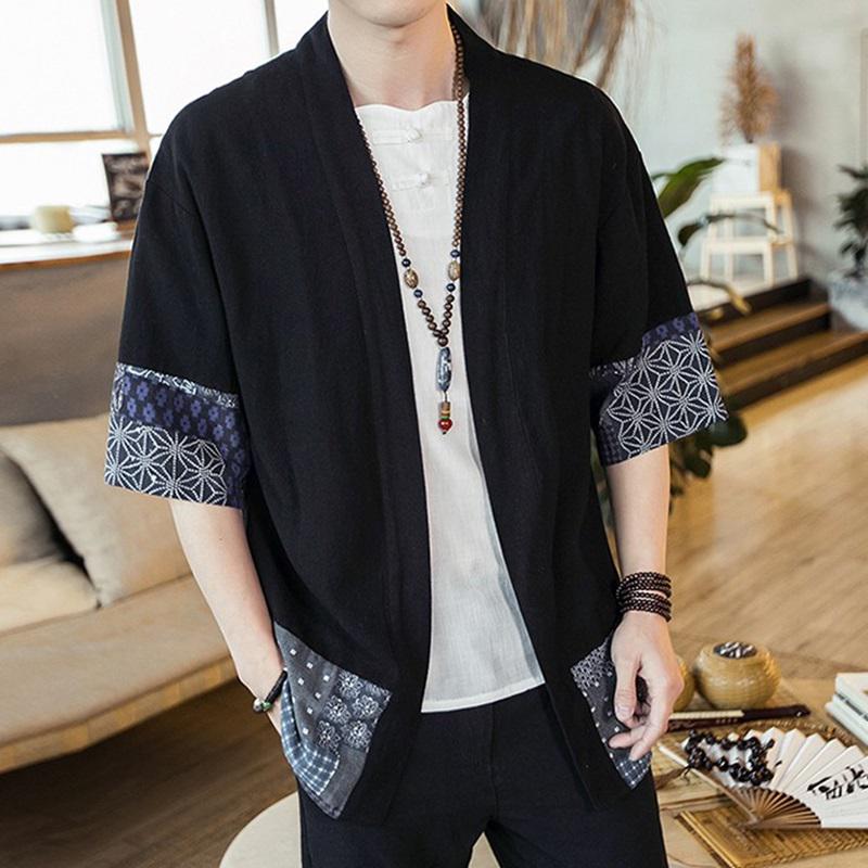 Chaqueta kimono haori yukata negra y blanca para hombre, con estampado azul marino de inspiración japonesa | ventumra