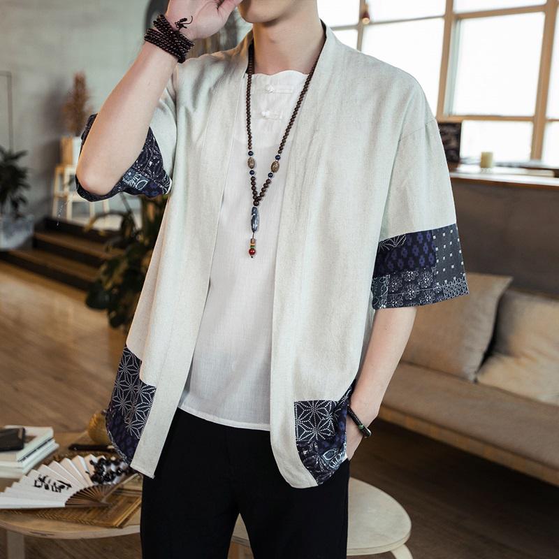 Chaqueta kimono haori yukata negra y blanca para hombre, con estampado azul marino de inspiración japonesa | ventumra