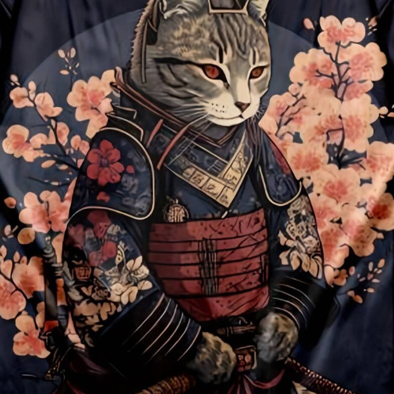 Japán ihlette szakura szamurájmacskás mintájú unisex kimonó | ventumra