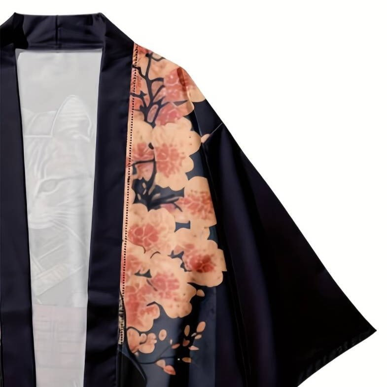 Japán ihlette szakura szamurájmacskás mintájú unisex kimonó | ventumra