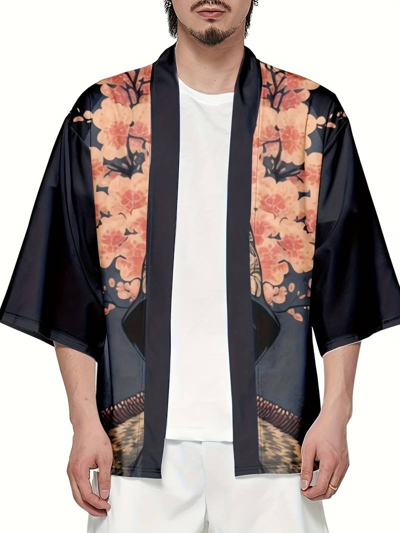 Japán ihlette szakura szamurájmacskás mintájú unisex kimonó | ventumra