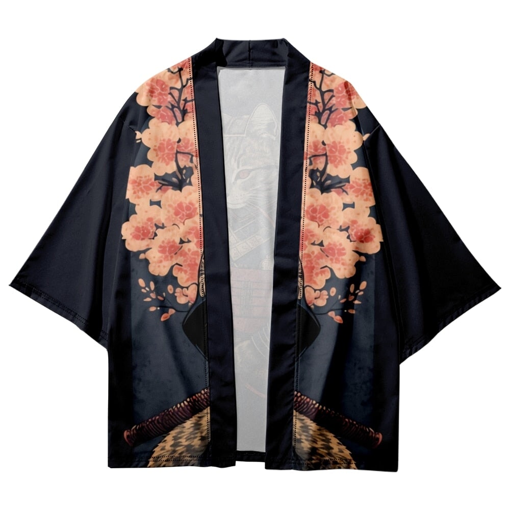 Japán ihlette szakura szamurájmacskás mintájú unisex kimonó | ventumra