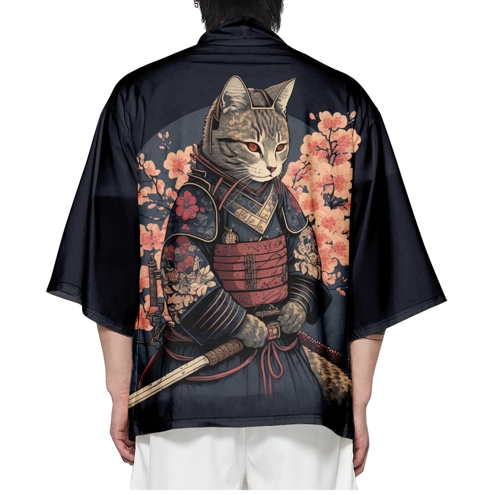 Japán ihlette szakura szamurájmacskás mintájú unisex kimonó | ventumra