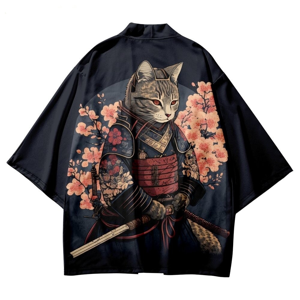 Japán ihlette szakura szamurájmacskás mintájú unisex kimonó | ventumra