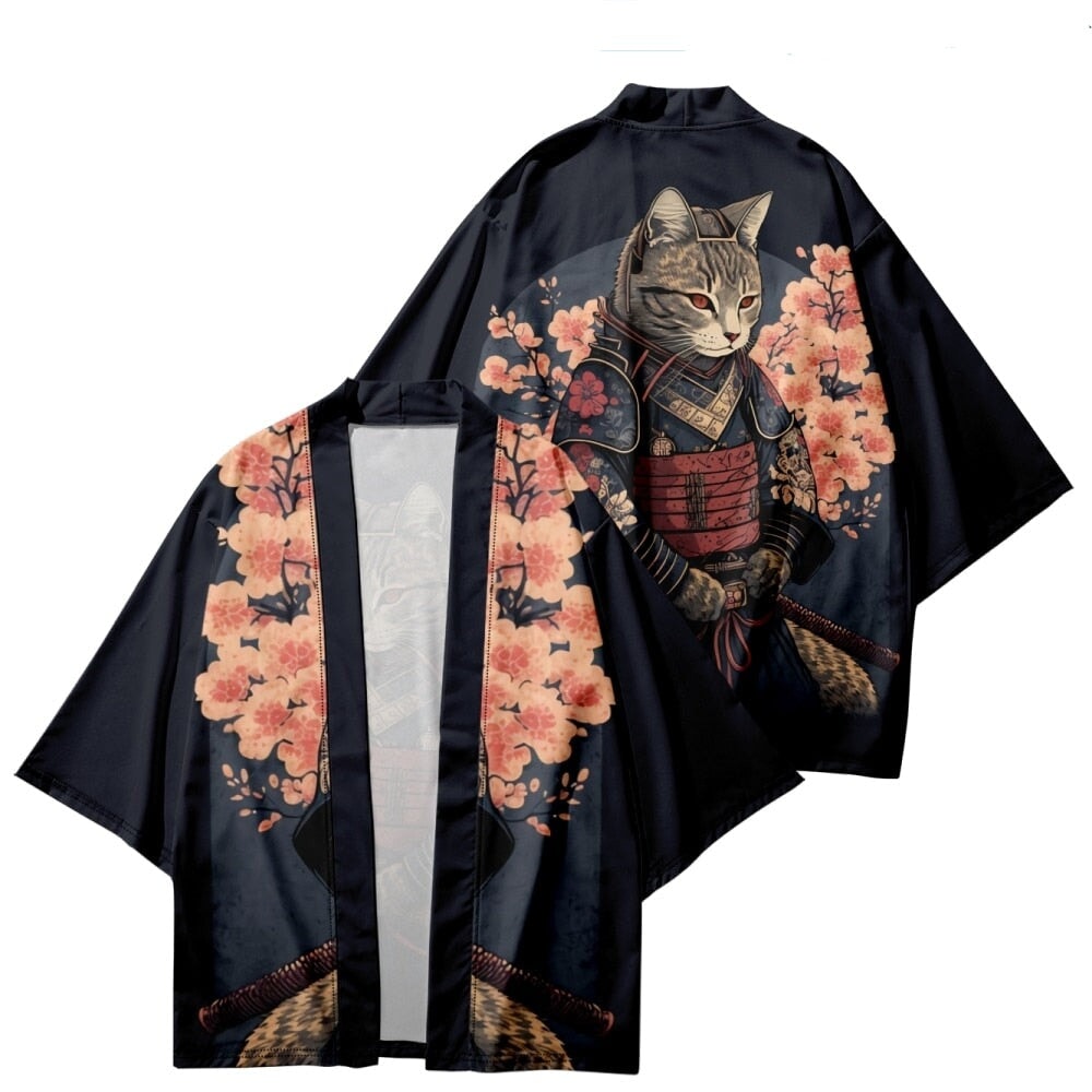 Japán ihlette szakura szamurájmacskás mintájú unisex kimonó | ventumra
