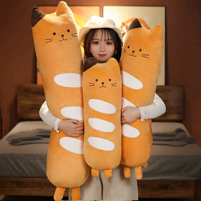 Peluche de pan con forma de baguette larga y gato adorable | ventumra