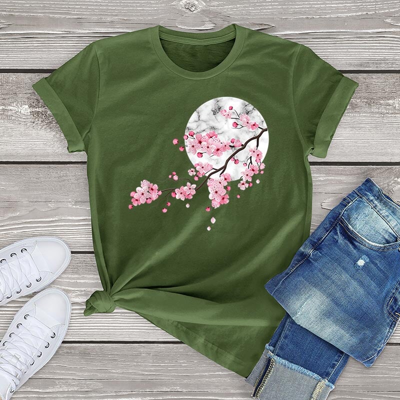 Baumwoll-T-Shirt mit Sakura-Kirschblüten und Vollmond | ventumra