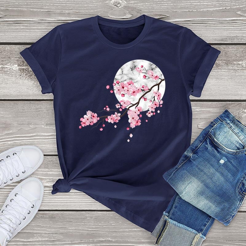 Baumwoll-T-Shirt mit Sakura-Kirschblüten und Vollmond | ventumra