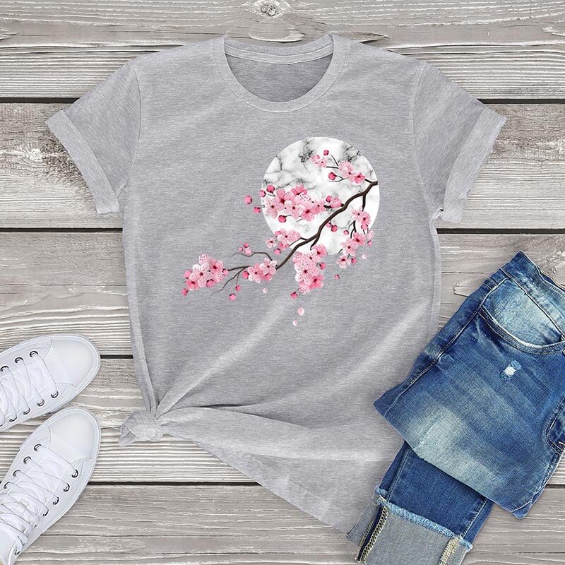 Baumwoll-T-Shirt mit Sakura-Kirschblüten und Vollmond | ventumra