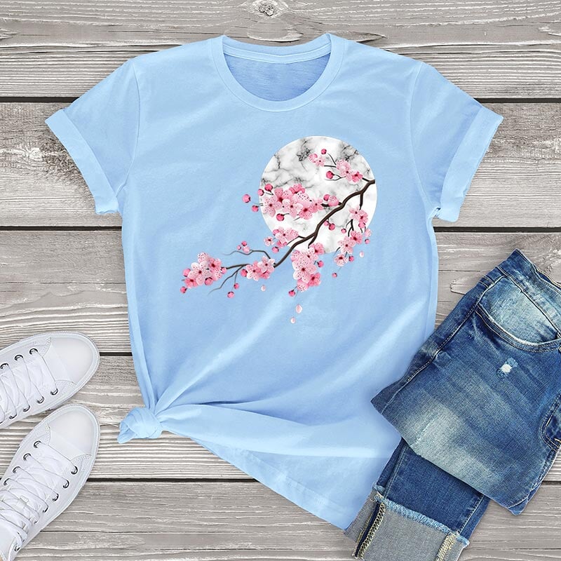 Baumwoll-T-Shirt mit Sakura-Kirschblüten und Vollmond | ventumra