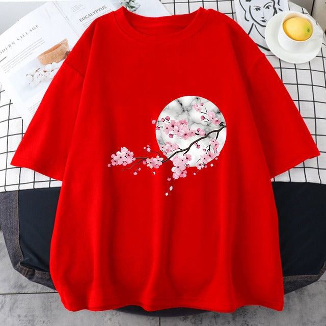 Baumwoll-T-Shirt mit Sakura-Kirschblüten und Vollmond | ventumra