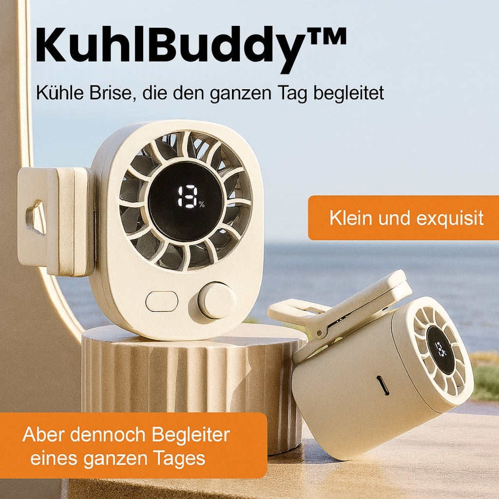 KühlBuddy Mini Clip Fan — 100 Speeds, 360° Rotation, LED Display