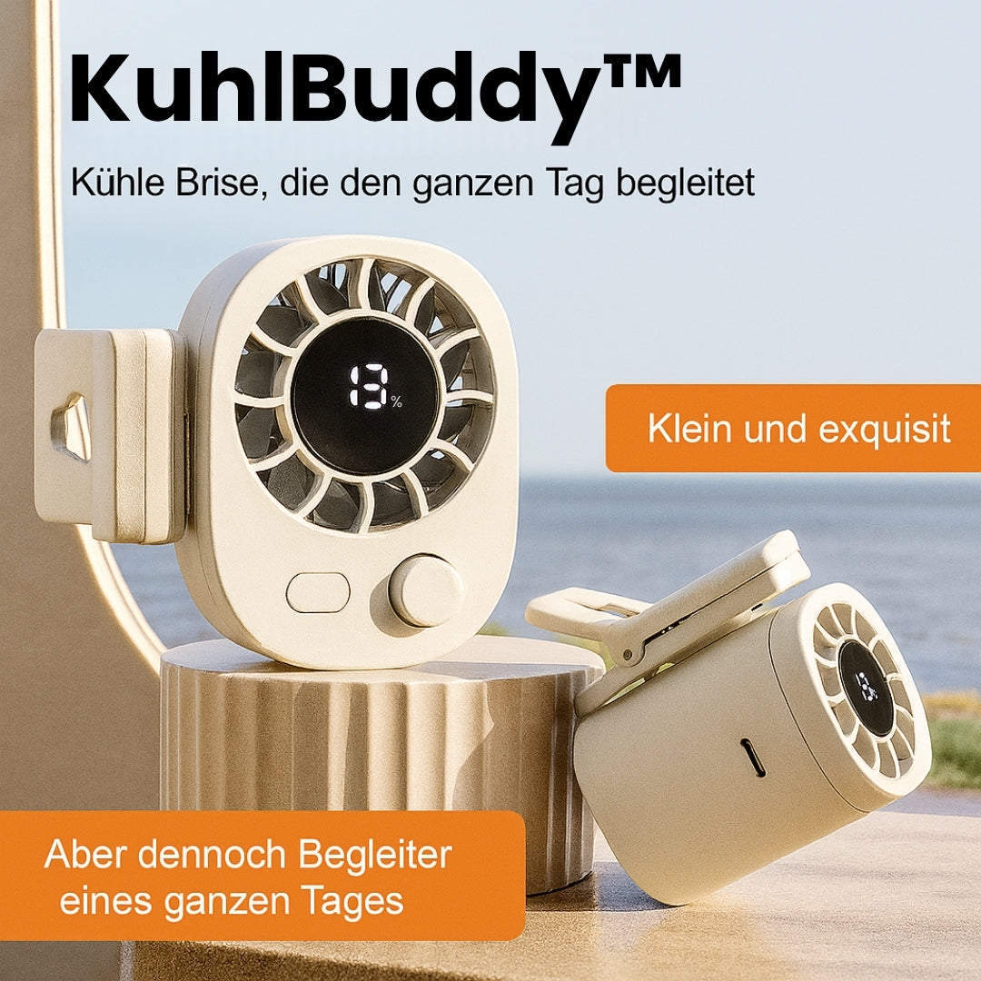 KühlBuddy Mini Clip Fan — 100 Speeds, 360° Rotation, LED Display