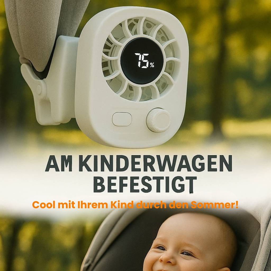 KühlBuddy Mini Clip Fan — 100 Speeds, 360° Rotation, LED Display