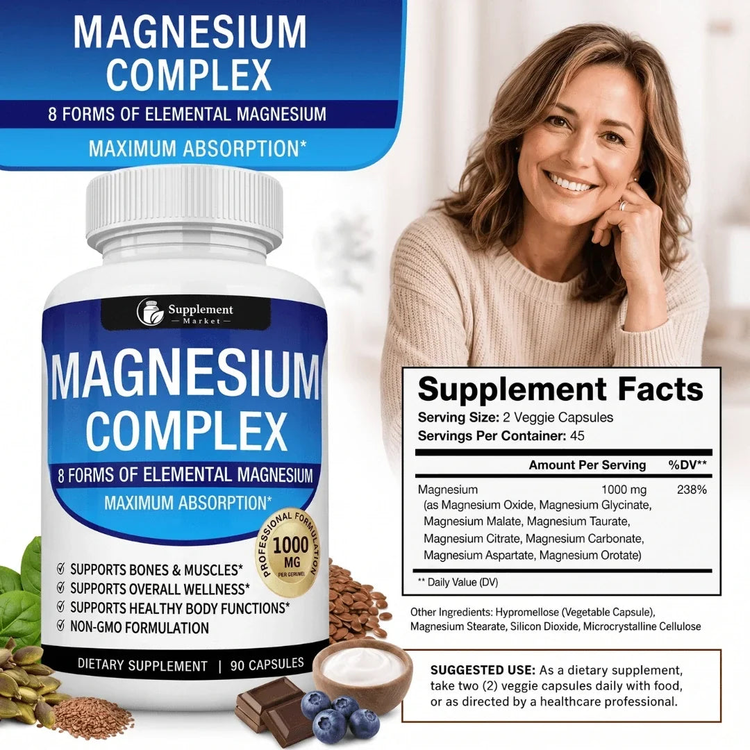 Magnesium Complex 8-in-1: 1000 mg:n täyden spektrin tuki uneen, lihaksille ja energiantuotantoon