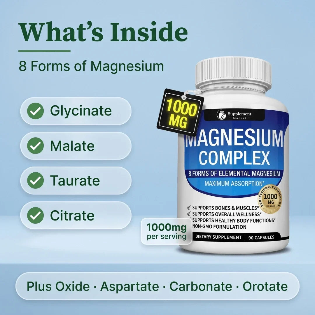 Magnesium Complex 8-in-1: 1000 mg:n täyden spektrin tuki uneen, lihaksille ja energiantuotantoon