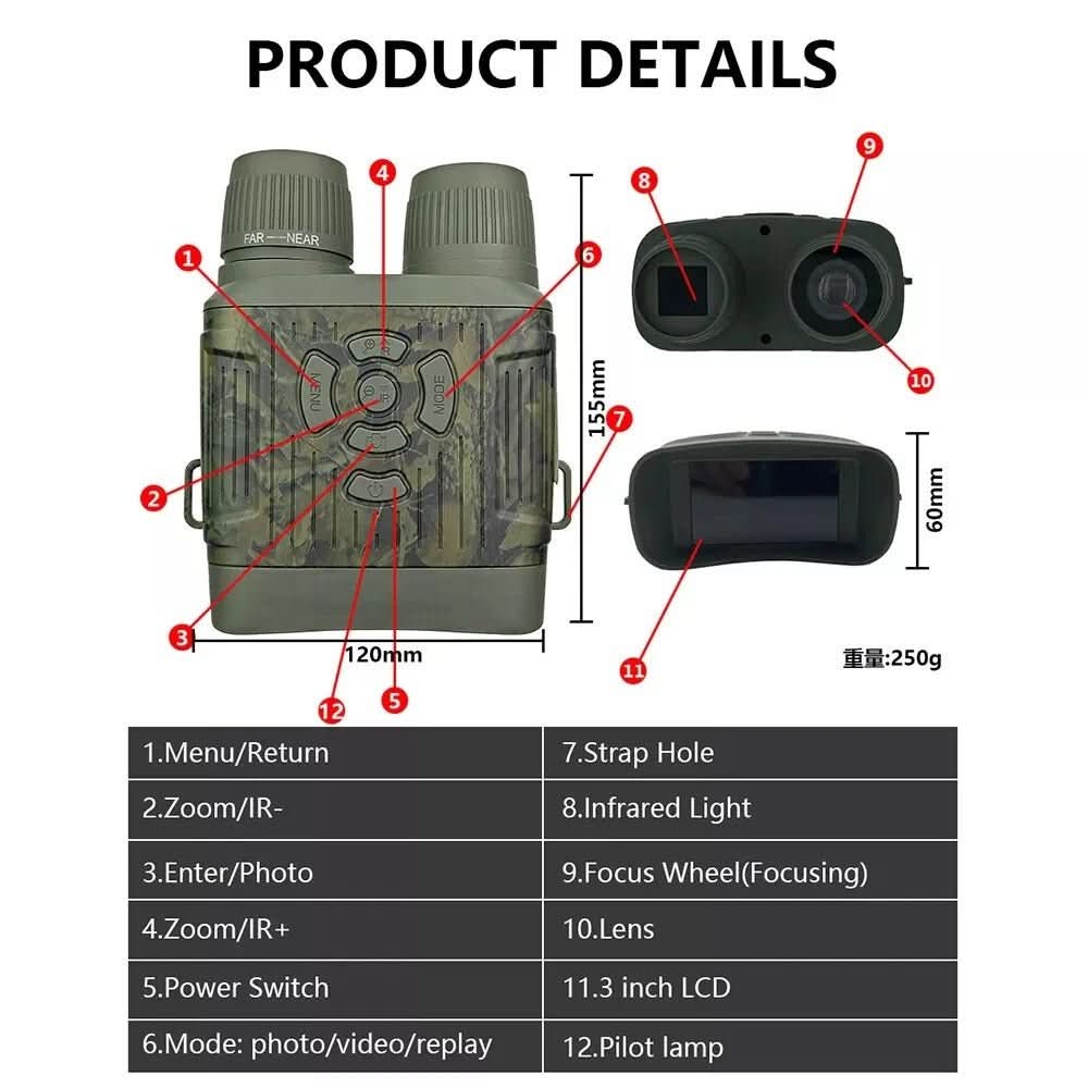 LumaGuard 300 Meter Range Night Vision Binoculars — Integrated Recording