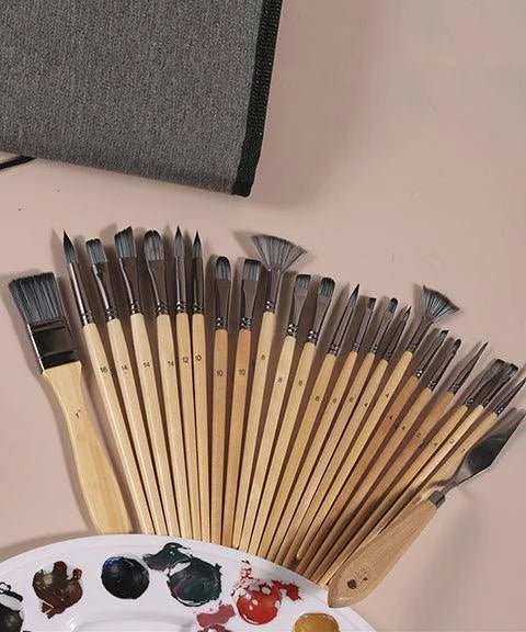 Artist Brush Set with Wooden Handles - 24 Pcs | ventumra