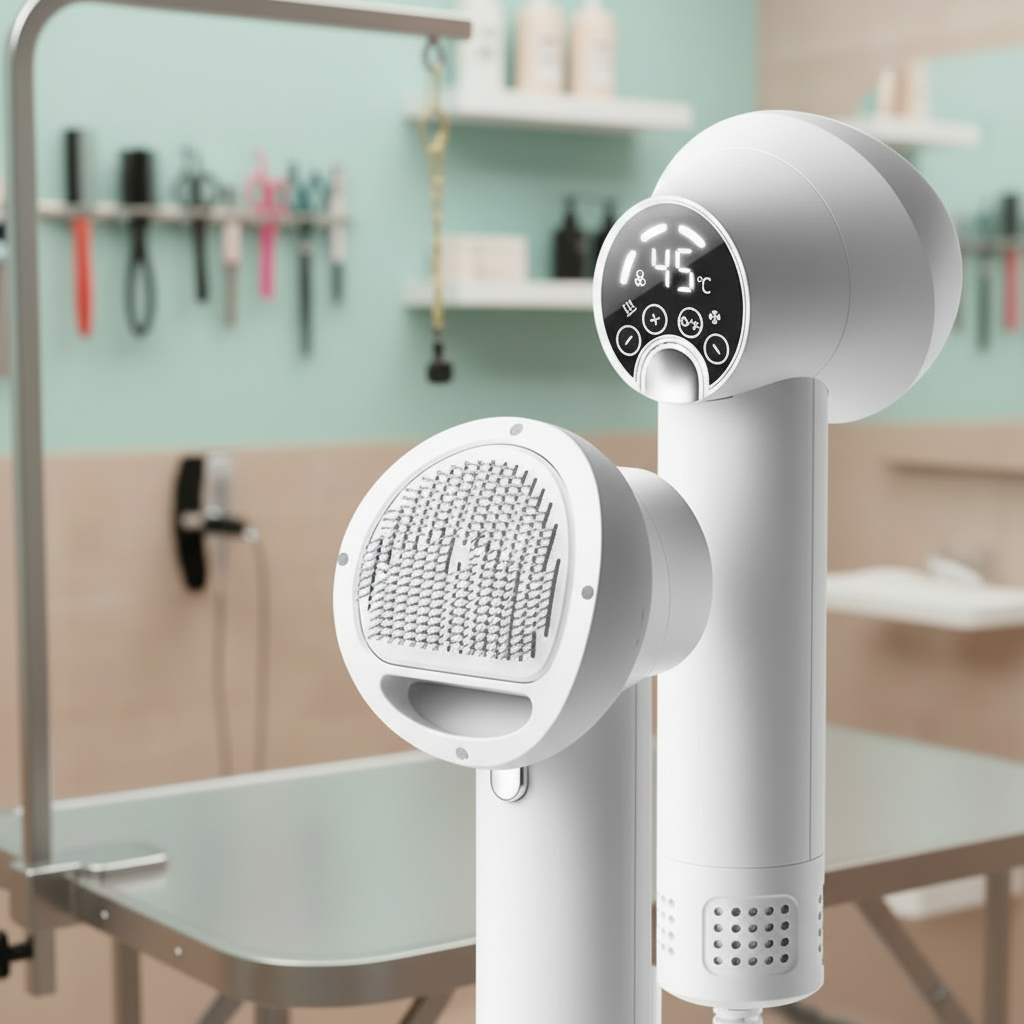 VelvetPaw Dryer — Rotating Brush Head, Integrated Warm-Air Fan, Gentle Drying and Brushing