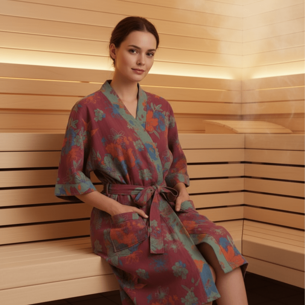 Dwustronny szlafrok kimono z bawełny organicznej KomiLeaf — swobodne szerokie rękawy