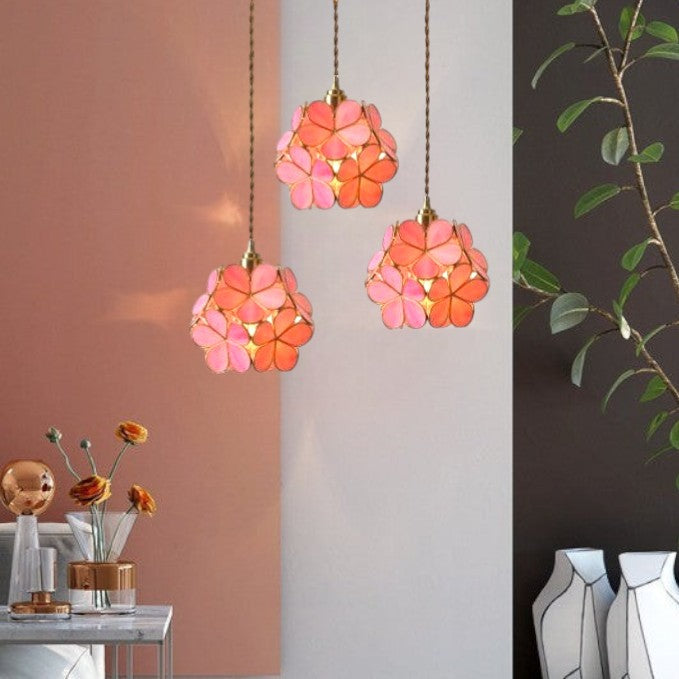 Nordic Glass Petal Pendant Light In Brass, Hand-Stitched