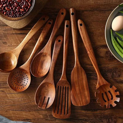 10-Piece Solid Teak Kitchen Utensil Set — Contoured Handles, Polished Grain