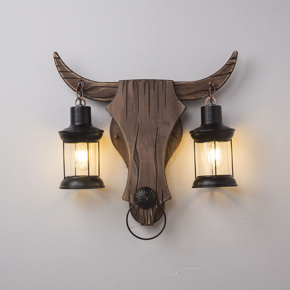 Austin Wall Lamp Bull Shape Vintage, 2 Heads Wood/Metal, Bedroom | ventumra