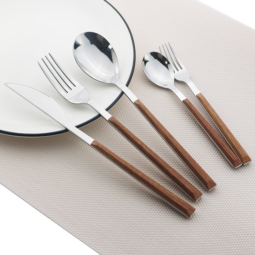 Stainless Steel Cutlery Set — Ergonomic Wood & Marble Handles