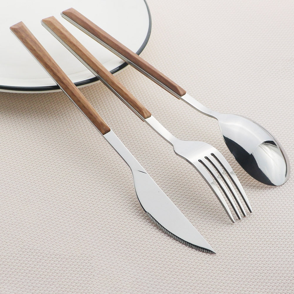 Stainless Steel Cutlery Set — Ergonomic Wood & Marble Handles