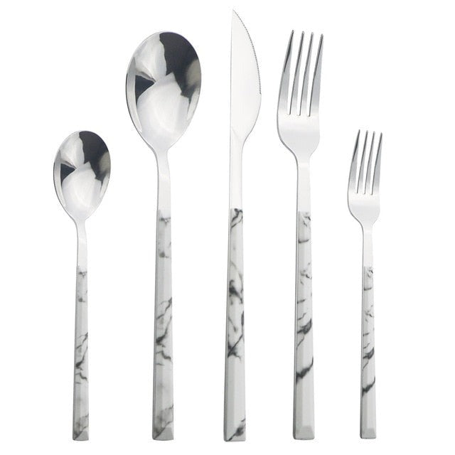 Stainless Steel Cutlery Set — Ergonomic Wood & Marble Handles
