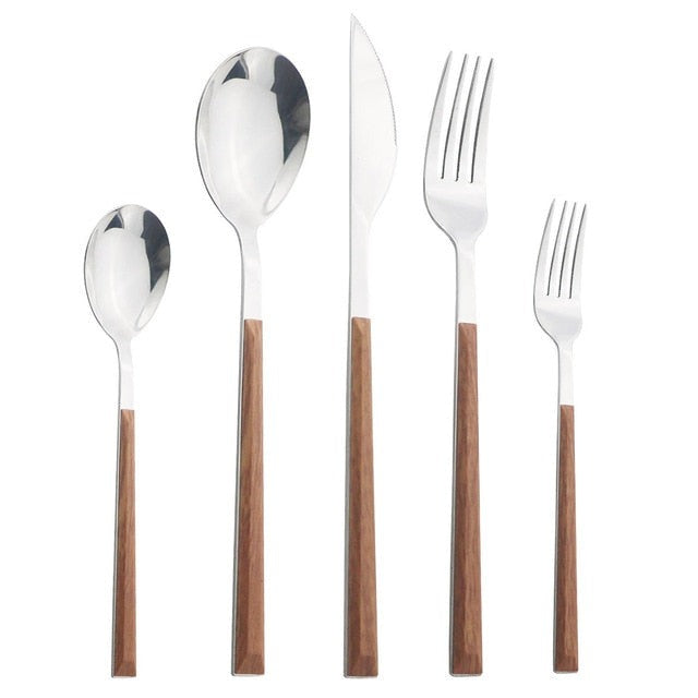 Stainless Steel Cutlery Set — Ergonomic Wood & Marble Handles