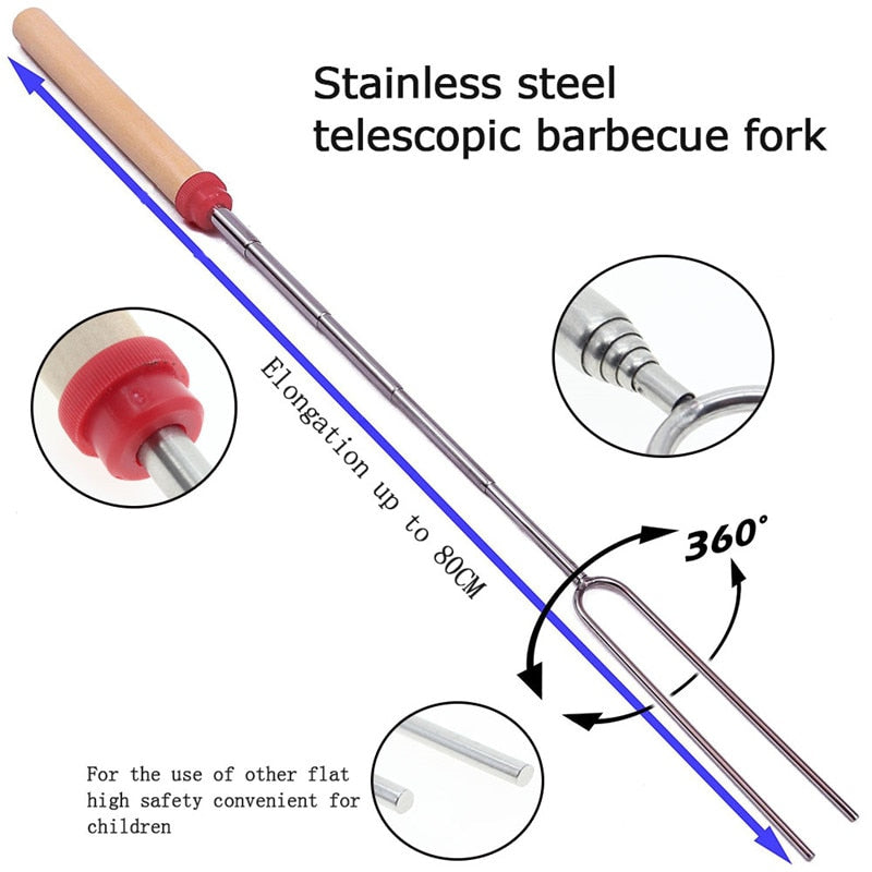 Adjustable Stainless Steel Grill Spit — Wooden Handle