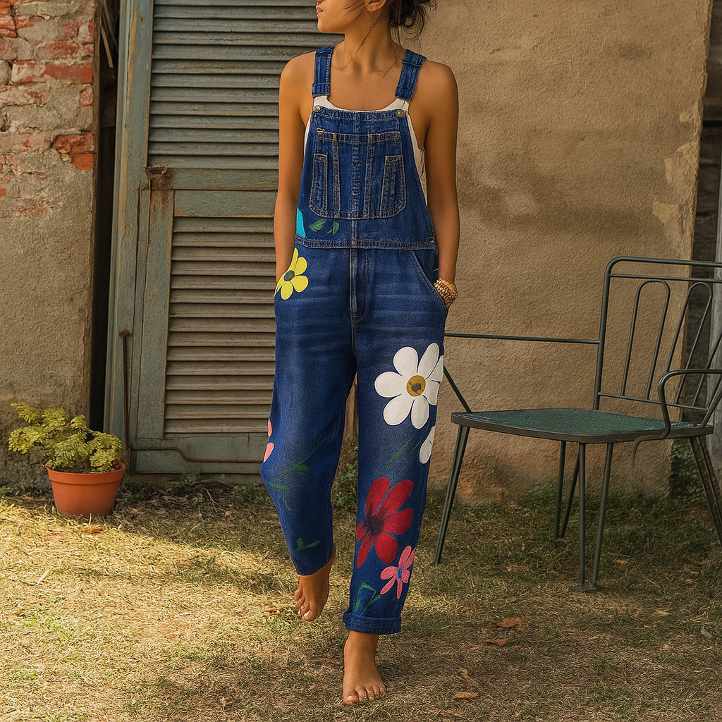 Stylish Denim Jumpsuit with Floral Pattern | ventumra