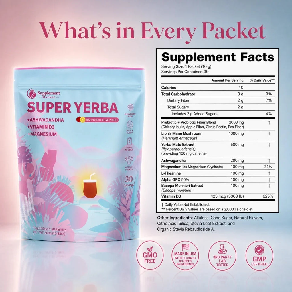Super Yerba -juomajauhe: puhdas vadelmalimonadin energia ja suoliston hyvinvointi