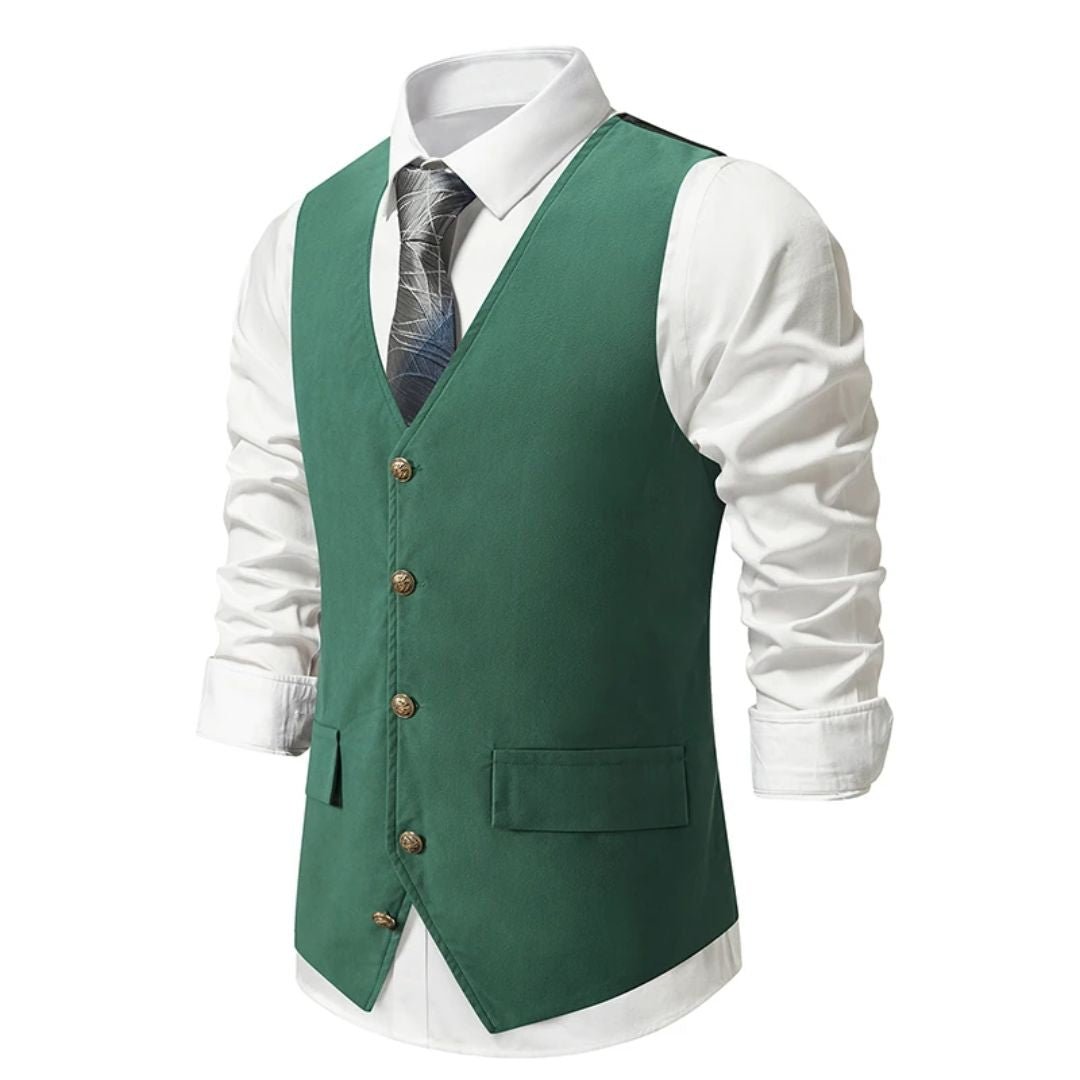 MannerStyle vintageväst i grönt mockaläder för män — slim fit