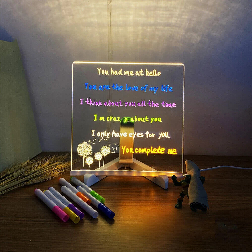 Transparent Luminous Acrylic Writing Board with 7 Colored Markers – Reusable Message Board with LED Lighting | ventumra