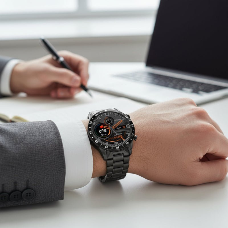 Smartwatch Bluetooth de luxo Aurelian — Bracelete em aço inoxidável, ecrã tátil completo, monitorização da saúde