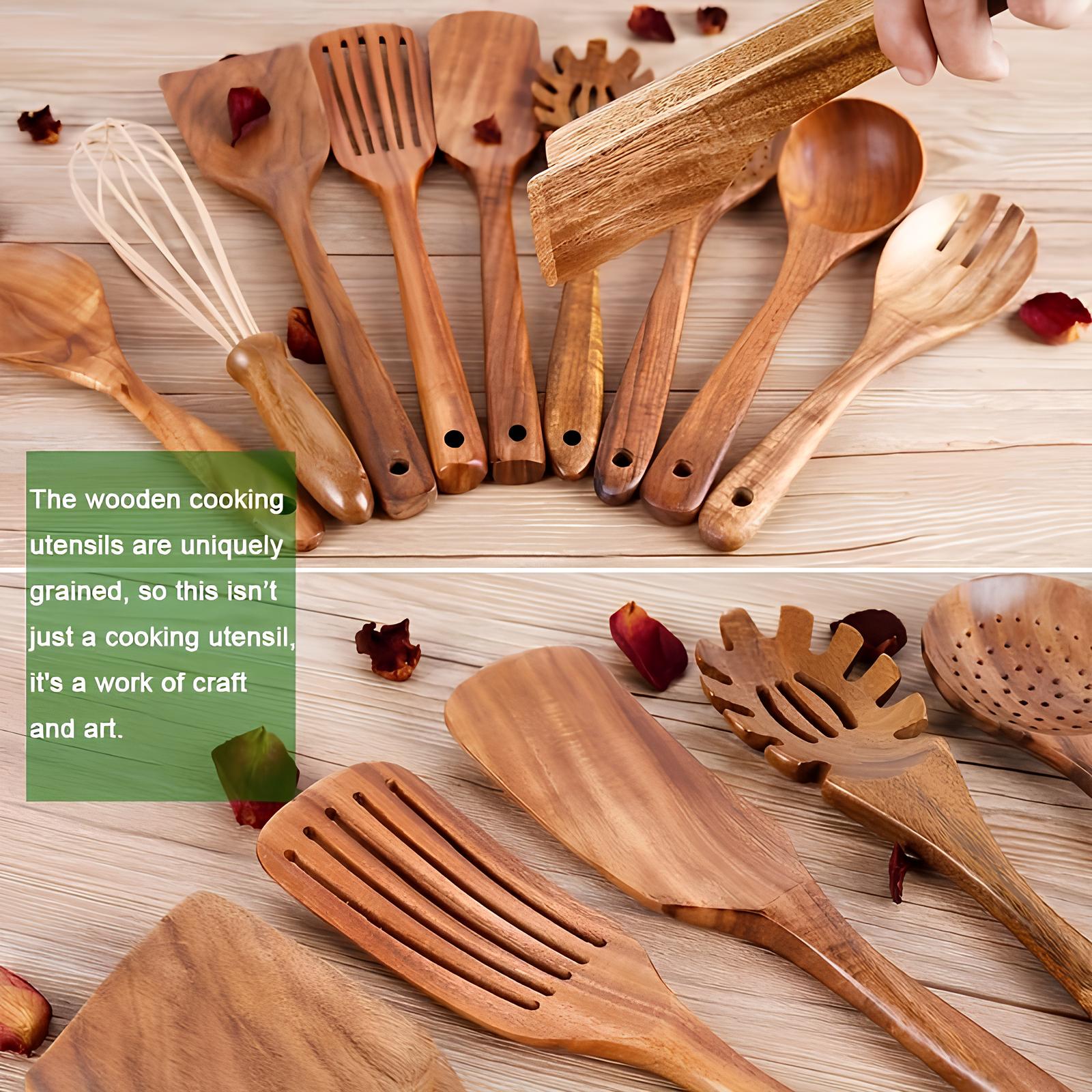 11-Piece Teak Kitchen Tool Set With Holder Natural Wood | ventumra