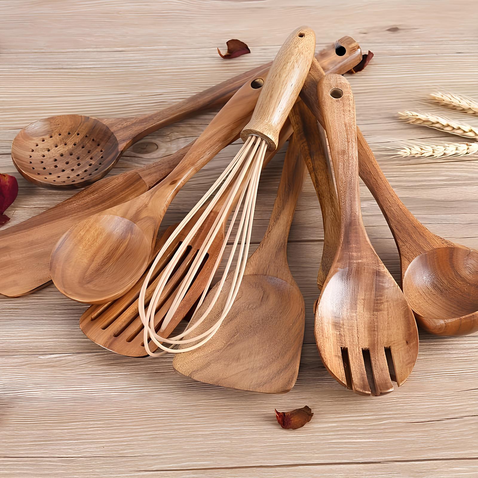 11-Piece Teak Kitchen Tool Set With Holder Natural Wood | ventumra