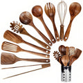 11-Piece Teak Kitchen Tool Set With Holder Natural Wood | ventumra