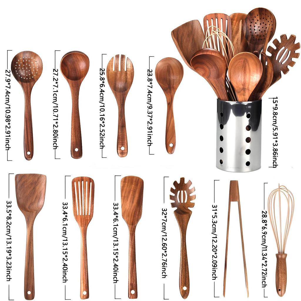 11-Piece Teak Kitchen Tool Set With Holder Natural Wood | ventumra
