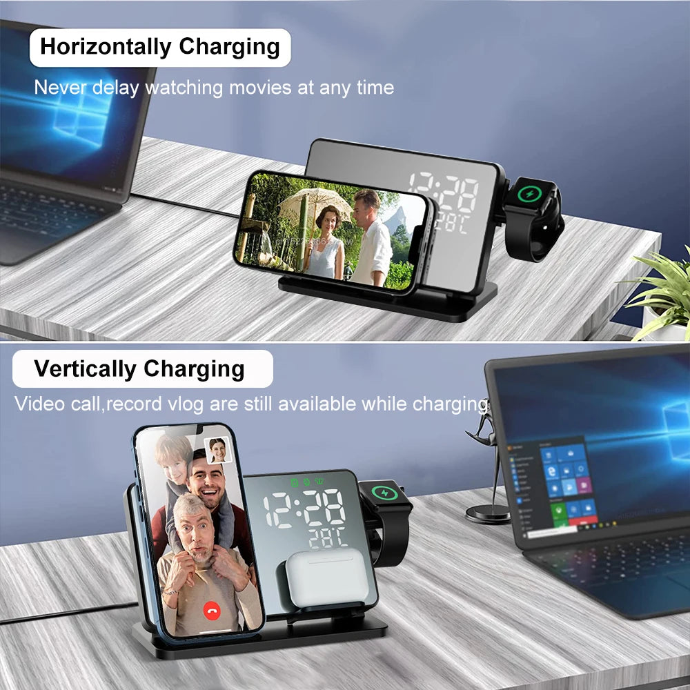 3-in-1 Quick Charge Station Premium Wireless Fast Charging Docking Station with Alarm Clock for Apple iPhone, Watch & AirPods | ventumra