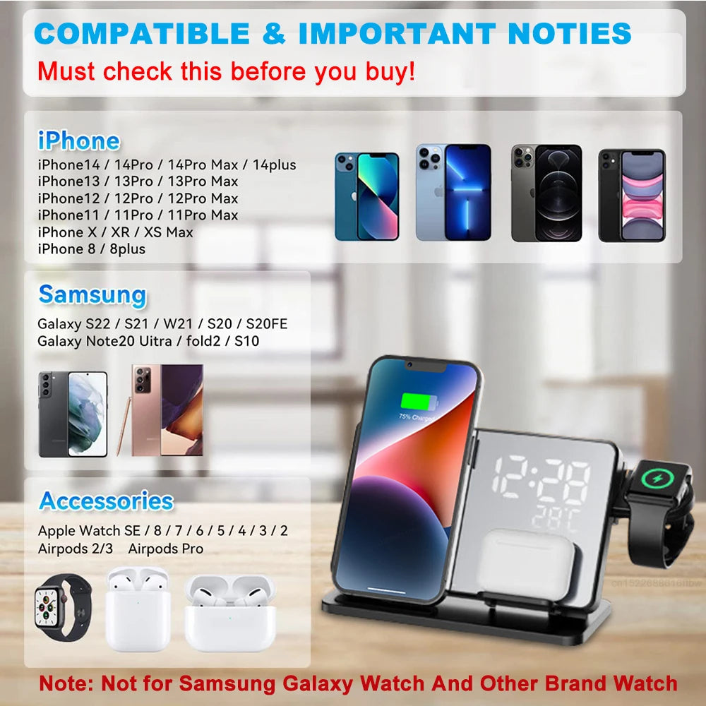 3-in-1 Quick Charge Station Premium Wireless Fast Charging Docking Station with Alarm Clock for Apple iPhone, Watch & AirPods | ventumra