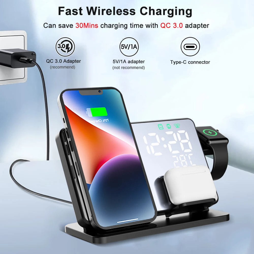 3-in-1 Quick Charge Station Premium Wireless Fast Charging Docking Station with Alarm Clock for Apple iPhone, Watch & AirPods | ventumra